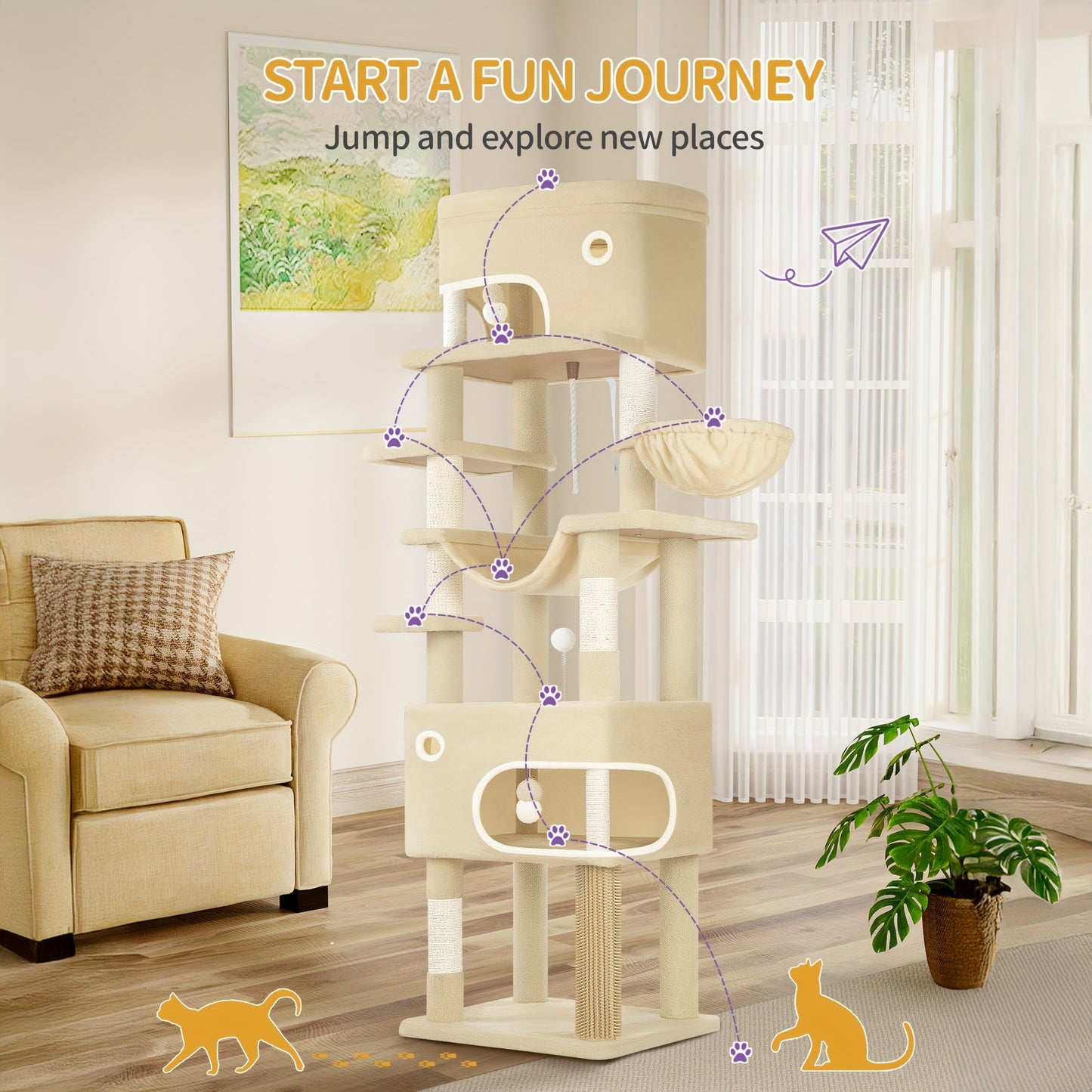 Arbre à Chat, 203 cm avec Grande Plateforme, 2 Grottelettes, 7 Poteaux Griffoirs, Pompons et Hamac - Adapté pour Toutes les Races de Chats (Gris Clair/Foncé ou Beige)