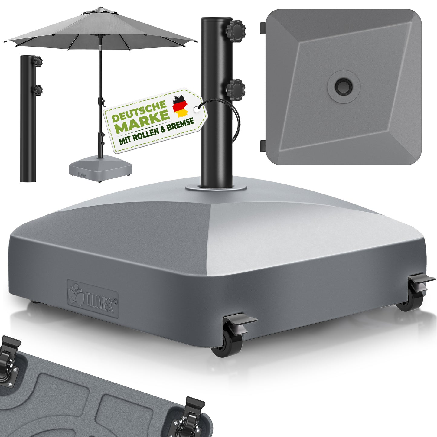 Tillvex® Support de Parasol GRAVIA avec Roues et Freins | Support de Parasol Remplissable 37 Litres / 56 kg | Adapté aux Parasols de Soleil et de Marché Ø 1,8-3,7 m | Roulable, Résistant aux Intempéries et aux UV pour Balcon, Terrasse, Jardin, Petits et G