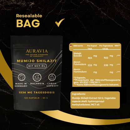 Lot de 2 capsules de Shilajit 196G Original avec huile MCT - Shilajit 2 X 120pièces Ultra Haute Dose en sac - AURAVIA® Végan - Shilajit rempli et testé en laboratoire en Allemagne - Fait en Allemagne
