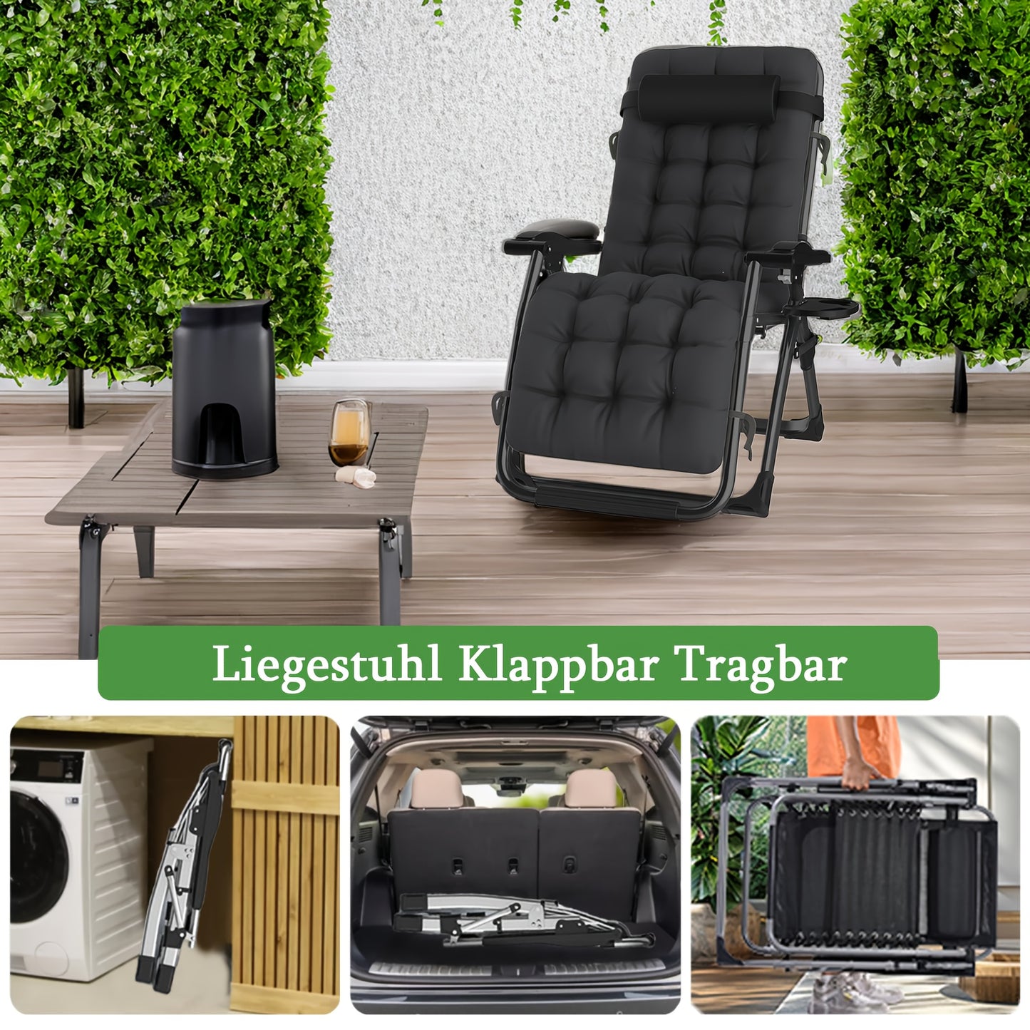 Chaise longue de détente zéro gravité surdimensionnée, 72 cm extra large, inclinable pliable et réglable, capacité de 500 lbs/200 kg, coussin détachable en coton doux avec appui-tête, porte-gobelet, noir gris, pour jardin, terrasse, balcon, patio extérieu