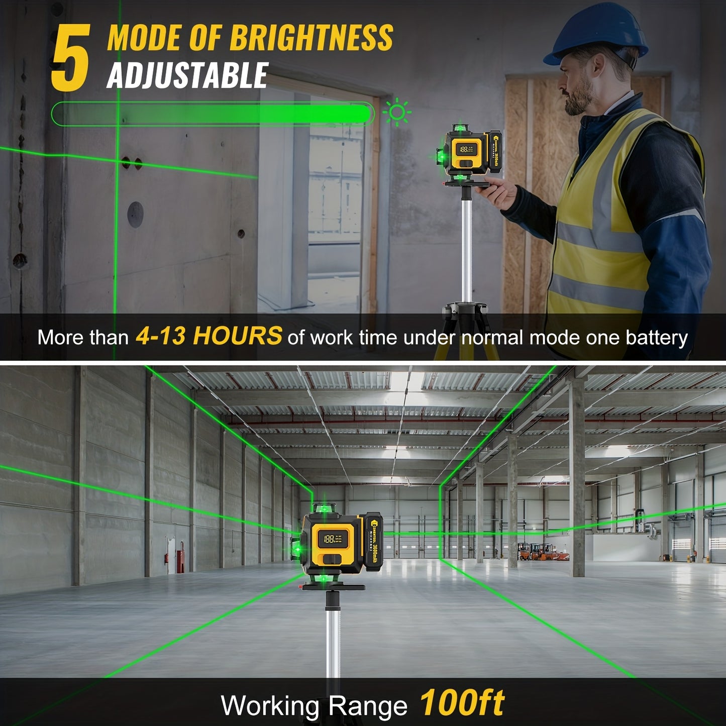 Niveau laser autodresseur 4D professionnel Conentool avec ou sans trépied robuste et barre d'extension, projecteur de lignes horizontales/verticales 16 lignes, options batterie/affichage LCD, base rotative 360° adapté au bricolage et à la rénovation