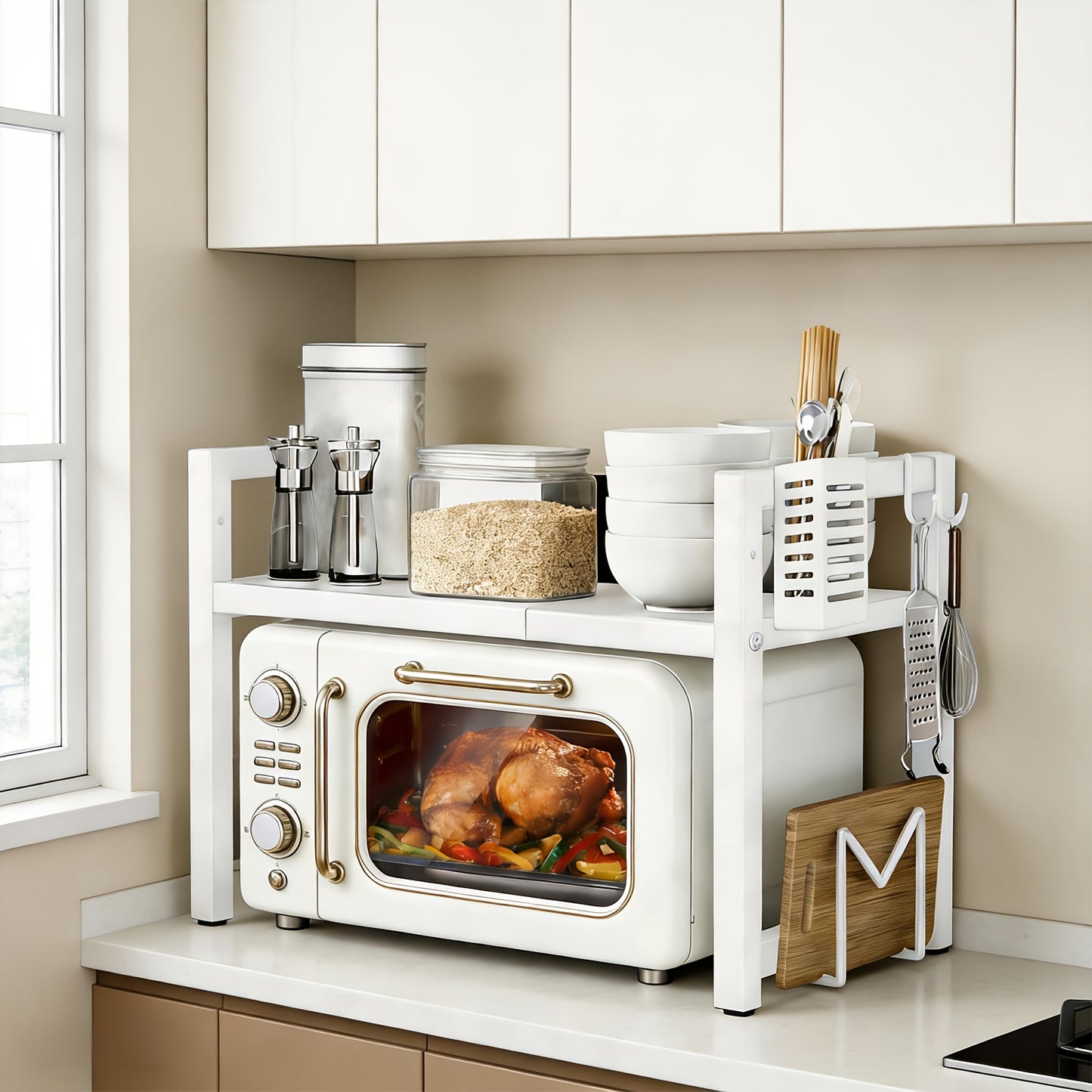 Étagère Micro-ondes Extensible 2 Niveaux avec 5 Crochets, Organisateur de Cuisine, Étagère pour Micro-ondes et Pâtisserie, Extensible de 42 à 60 cm, Noir