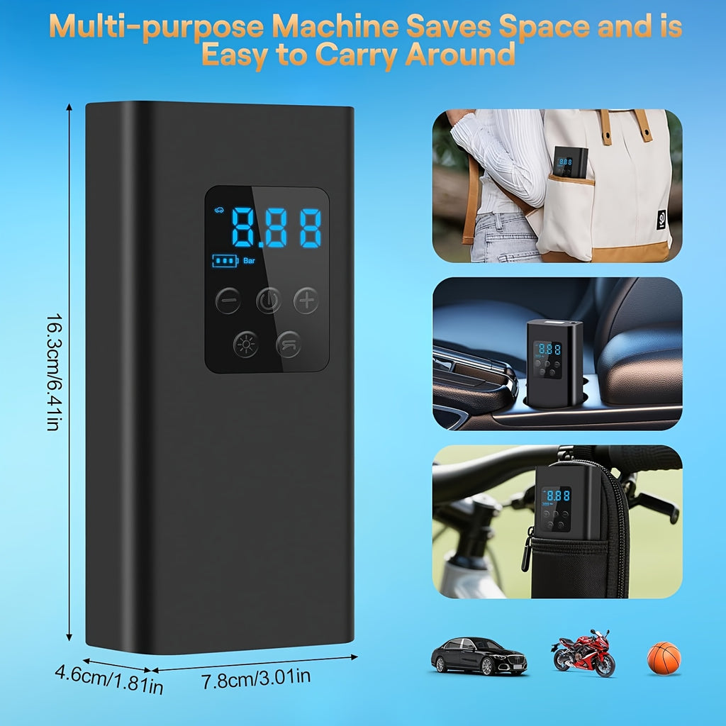 Compresseur d'air portable avec 3 batteries rechargeables, écran LCD, lumière LED et mode SOS - Idéal pour voitures, motos et vélos