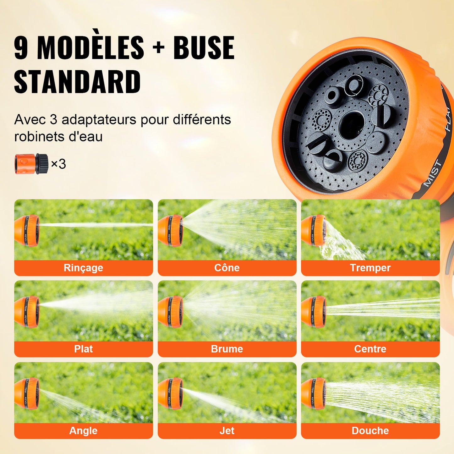 VEVOR Enrouleur Tuyau Arrosage Mural 25 m x 12 mm Support Pivotant 180° Dévidoir de Tuyaux d'Eau Buse à 9 Modèles 3 Adaptateurs Rapides Rembobinage Auto avec Verrou pour Arroser Pelouse Jardin Voiture