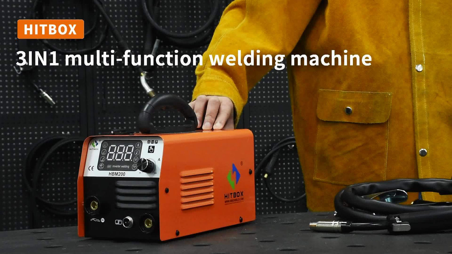 Poste à souder MIG HITBOX 3 en 1 multifonctionnel sans gaz/Lift Tig/Stick 110V/220V 200A Portable Contrôle Synergique Flux Cœur Alimentation de Fil Soudeur Inversseur IGBT avec Écran LCD