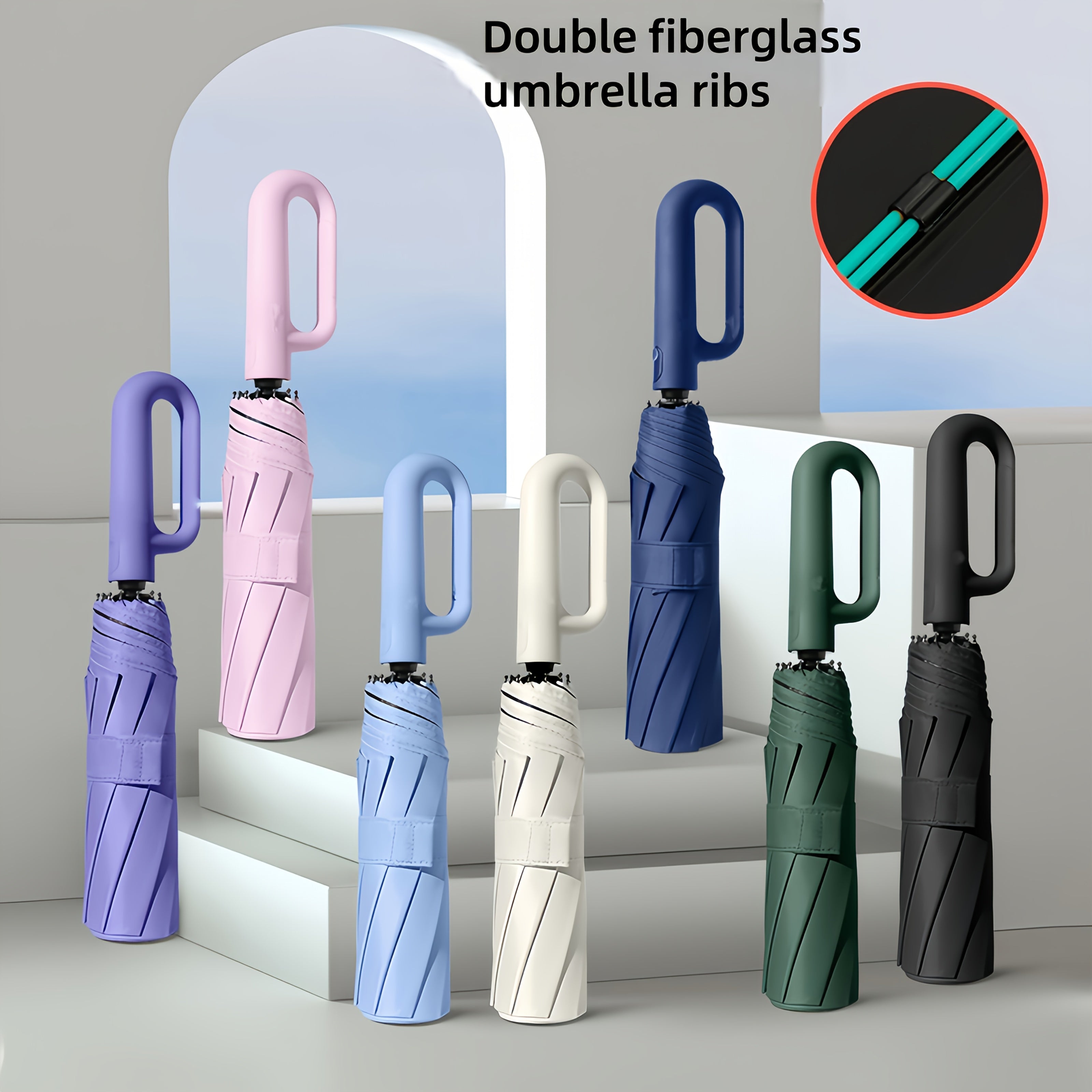 Parapluie pliant automatique à anneau rotatif élégant, conçu avec renfort en fibre de verre pour une résistance au vent, doté d'un tissu haut de gamme et d'une poignée pour une utilisation facile à une main. Son style minimaliste en fait un cadeau idéal p