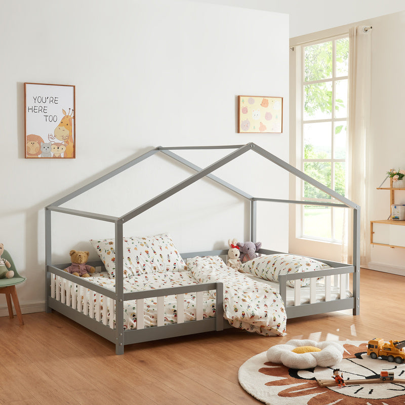 Lit pour enfants Treviolo de style maison avec protection contre les chutes en bois de pin
