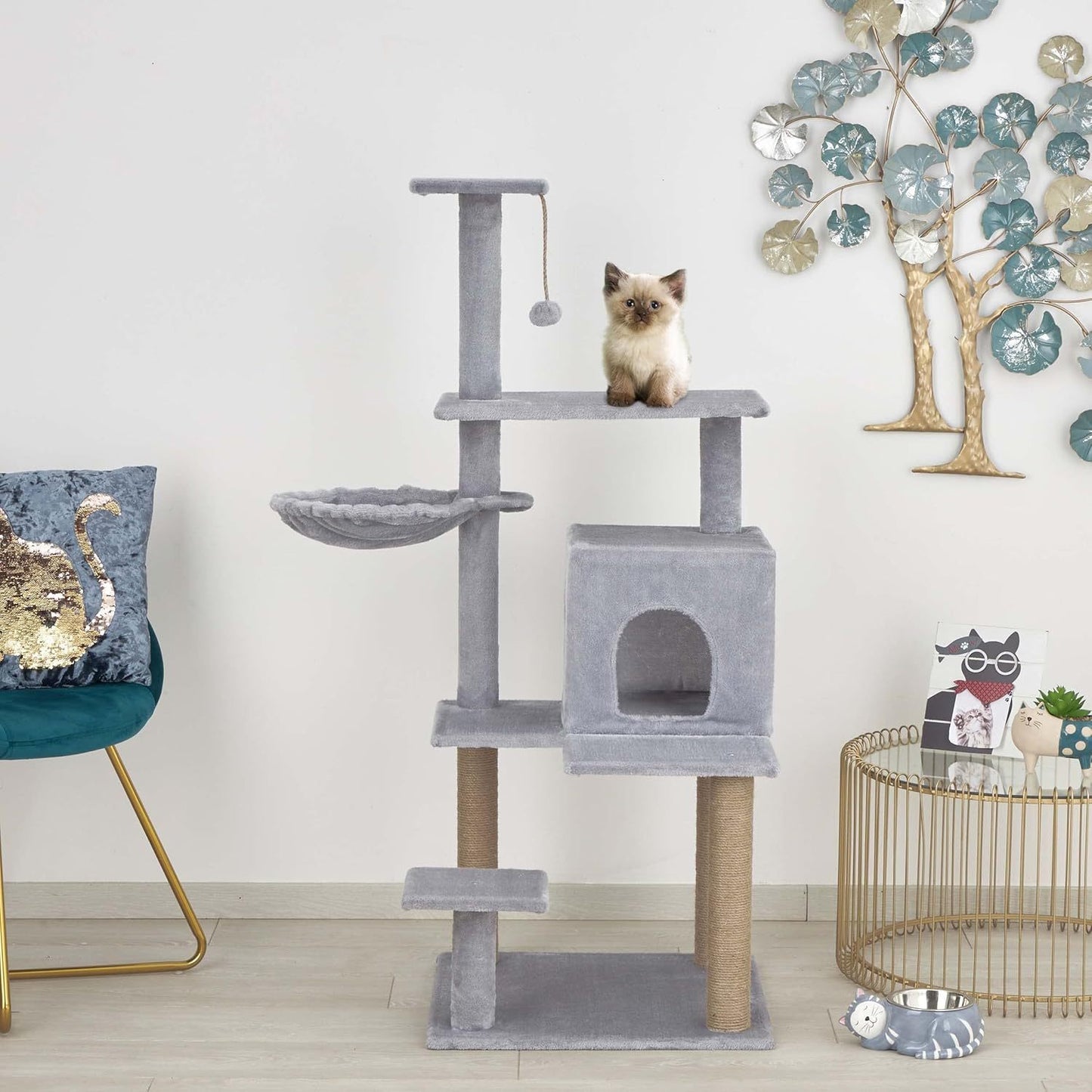 Baroni arbre à gratter pour chat en couleur marron | crème | gris 75X22X49 pouces (ou 75X55X49 pouces), arbre à gratter pour chaton, 4 niveaux avec hamac à balle et lit rectangulaire, jouet interactif pour chats et chatons pour une utilisation en intérieu
