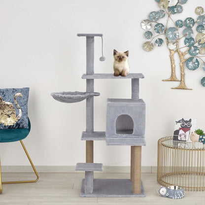 Baroni arbre à gratter pour chat en couleur marron | crème | gris 75X22X49 pouces (ou 75X55X49 pouces), arbre à gratter pour chaton, 4 niveaux avec hamac à balle et lit rectangulaire, jouet interactif pour chats et chatons pour une utilisation en intérieu