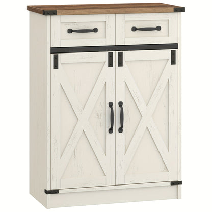 Armoire de Salle de Bain, Armoire avec 2 Tiroirs et 2 Portes, Meuble de Cuisine, Étagère Réglable, Style Maison de Campagne, Salon, 30 x 60 x 80 cm, Marron Blanc Vintage