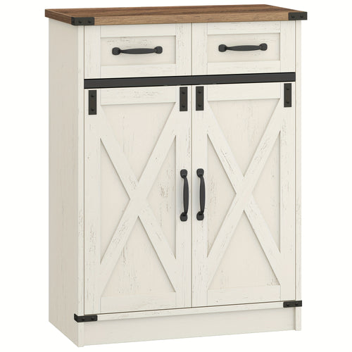 Armoire de Salle de Bain, Armoire avec 2 Tiroirs et 2 Portes, Meuble de Cuisine, Étagère Réglable, Style Maison de Campagne, Salon, 30 x 60 x 80 cm, Marron Blanc Vintage