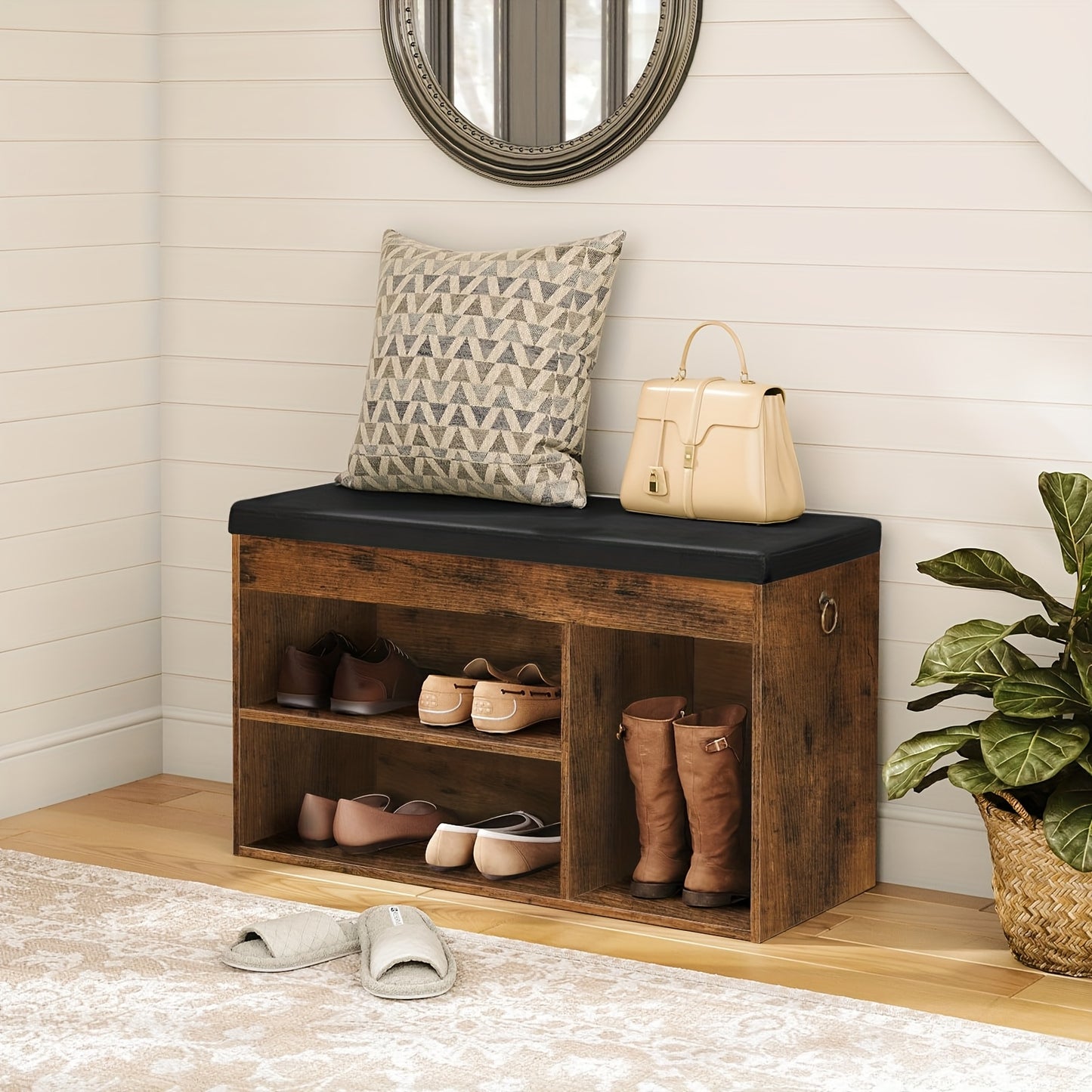 Banc à Chaussures, 3 Compartiments Ouverts, Rembourré, Espace de Rangement Sous l'Assise, Meuble à Chaussures, Capacité de Charge Jusqu'à 150 kg, Gain de Place, pour Couloir, Salon
