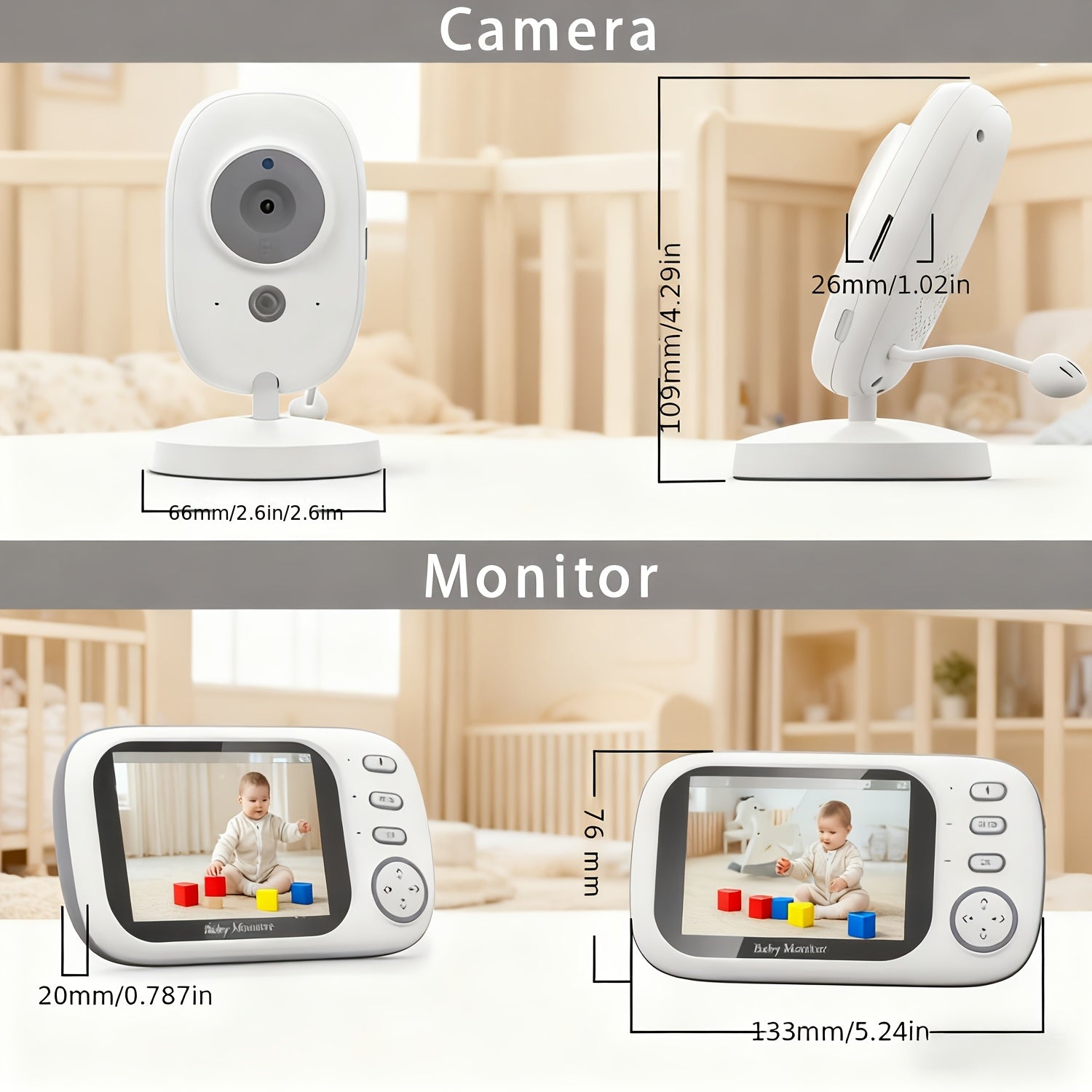 Moniteur sans fil 720HD avec écran LCD de 8,89 cm, moniteur HD avec audio bidirectionnel, 8 berceuses, rappel d'alimentation, détection de pleurs VOX, alerte de température, vision nocturne, sans fil 2,4G, rotation manuelle et enregistrement en boucle, pa
