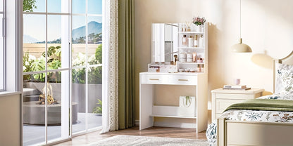 Bureau à vanité avec miroir, un meuble avec quatre étagères ouvertes et deux compartiments, ainsi que deux tiroirs, idéal pour la chambre ou le salon, couleur blanc