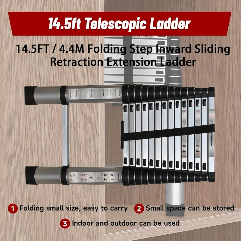 Échelle télescopique pliante en acier inoxydable de 150 kg, 4,4 m 3,8 m 3,2 m 2,6 m, échelle de sécurité portable, convient pour échelle de rénovation pour la maison, échelle à marche pliable, échelle portable, accès à la taille de jardin, échelle à march