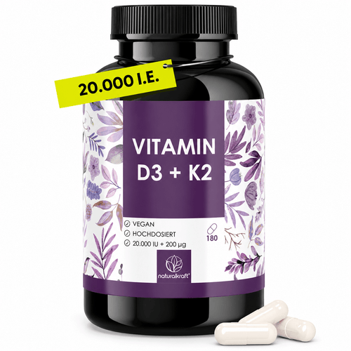 NATURALKRAFT® Vitamine D3 + K2 Premium, 20 000 UI + 200 mcg, Dépôt (180 gélules, Dose élevée et Végane) – Qualité Marque Allemande