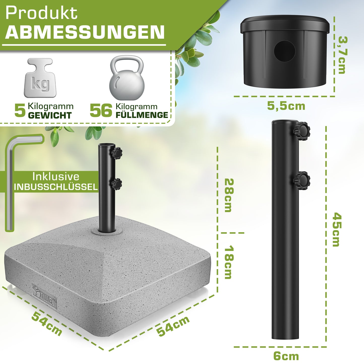 Tillvex® Support de Parasol GRAVIA avec Roues et Freins | Support de Parasol Remplissable 37 Litres / 56 kg | Adapté aux Parasols de Soleil et de Marché Ø 1,8-3,7 m | Roulable, Résistant aux Intempéries et aux UV pour Balcon, Terrasse, Jardin, Petits et G