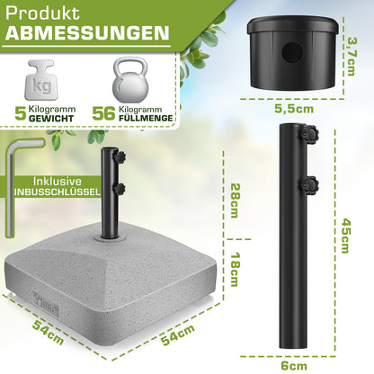 Tillvex® Support de Parasol GRAVIA avec Roues et Freins | Support de Parasol Remplissable 37 Litres / 56 kg | Adapté aux Parasols de Soleil et de Marché Ø 1,8-3,7 m | Roulable, Résistant aux Intempéries et aux UV pour Balcon, Terrasse, Jardin, Petits et G