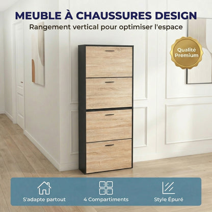 Meuble à chaussures avec 4 compartiments à rabat, armoire à chaussures en bois pour jusqu'à 24 paires, organisateur d'entrée peu encombrant