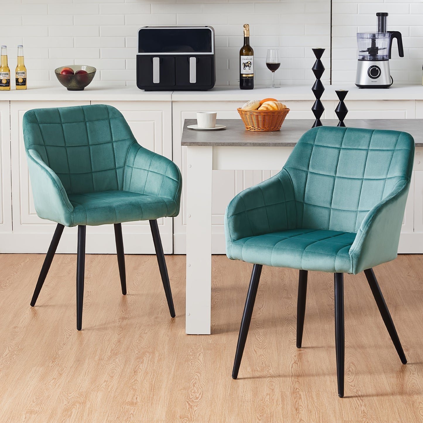 Ensemble de 2 chaises de salle à manger modernes en velours/lin, chaises de loisirs rembourrées avec accoudoirs et pieds en métal, chaises d'angle pour cuisine, salon, bureau à domicile, réception