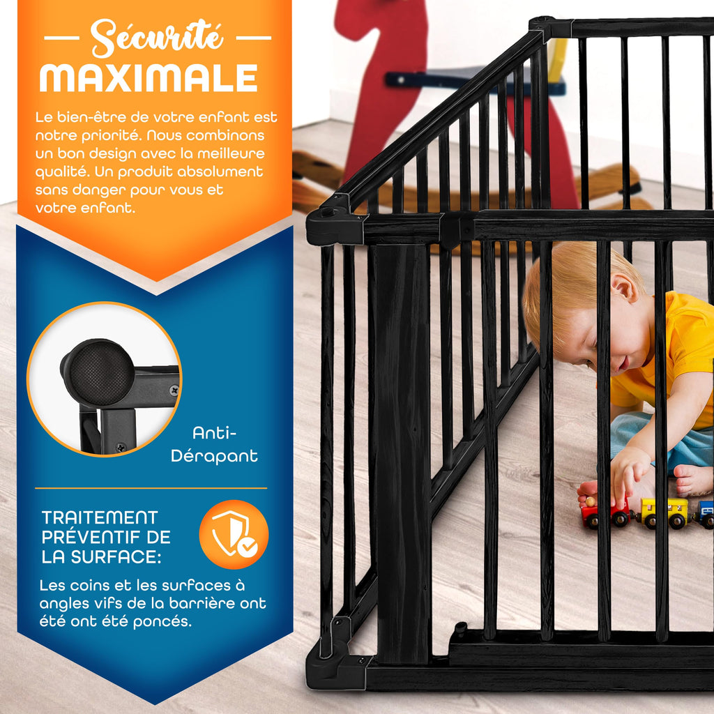 KIDUKU® Parc bébé pliable XXL de 7,2 mètres avec porte | Parc en bois avec double sécurité | Parc pliable pour enfants avec 8 éléments