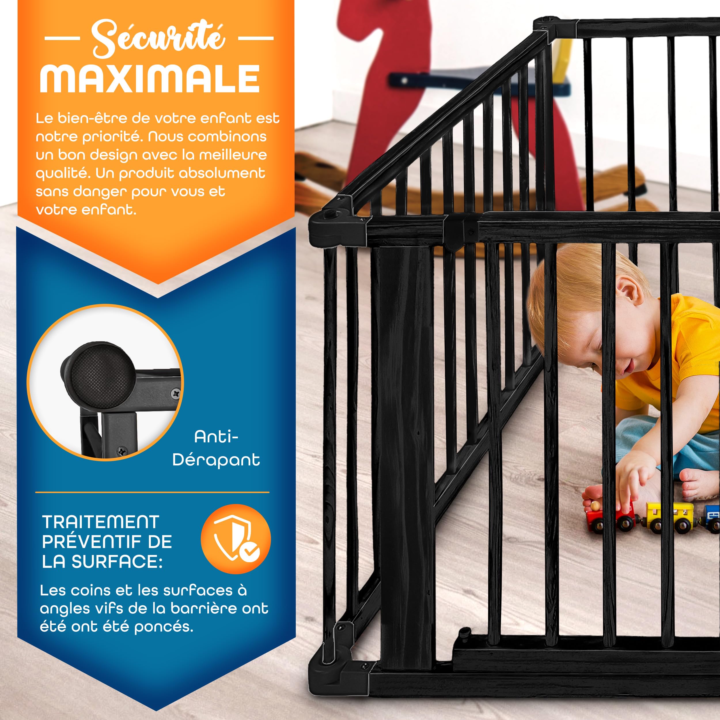 KIDUKU® Parc bébé pliable XXL de 7,2 mètres avec porte | Parc en bois avec double sécurité | Parc pliable pour enfants avec 8 éléments
