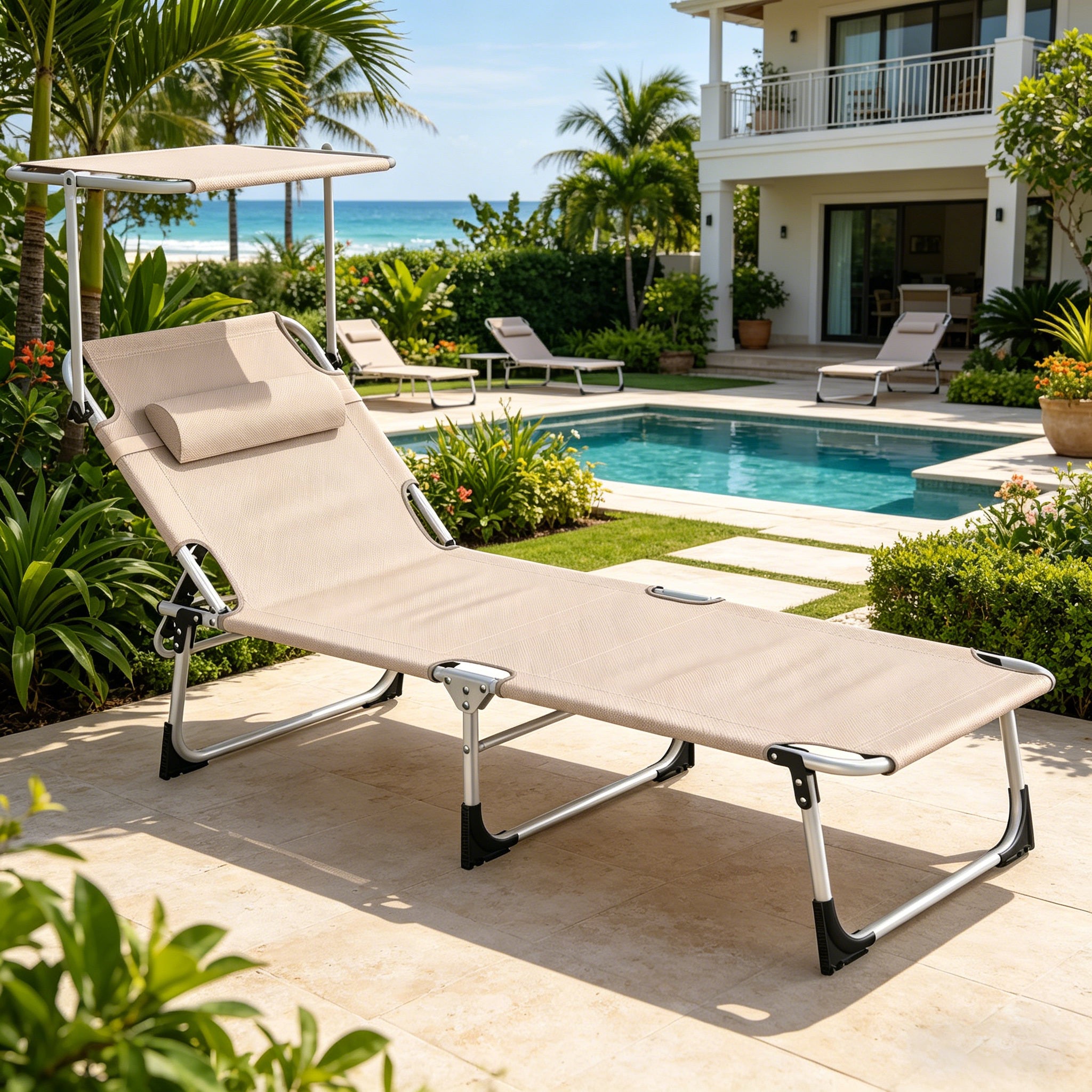 Matelas de soleil, chaise longue de jardin, chaise longue de plage, pliable, léger, dossier réglable, jusqu'à 150 kg, idéal pour jardin, patio, camping, piscine et terrasse