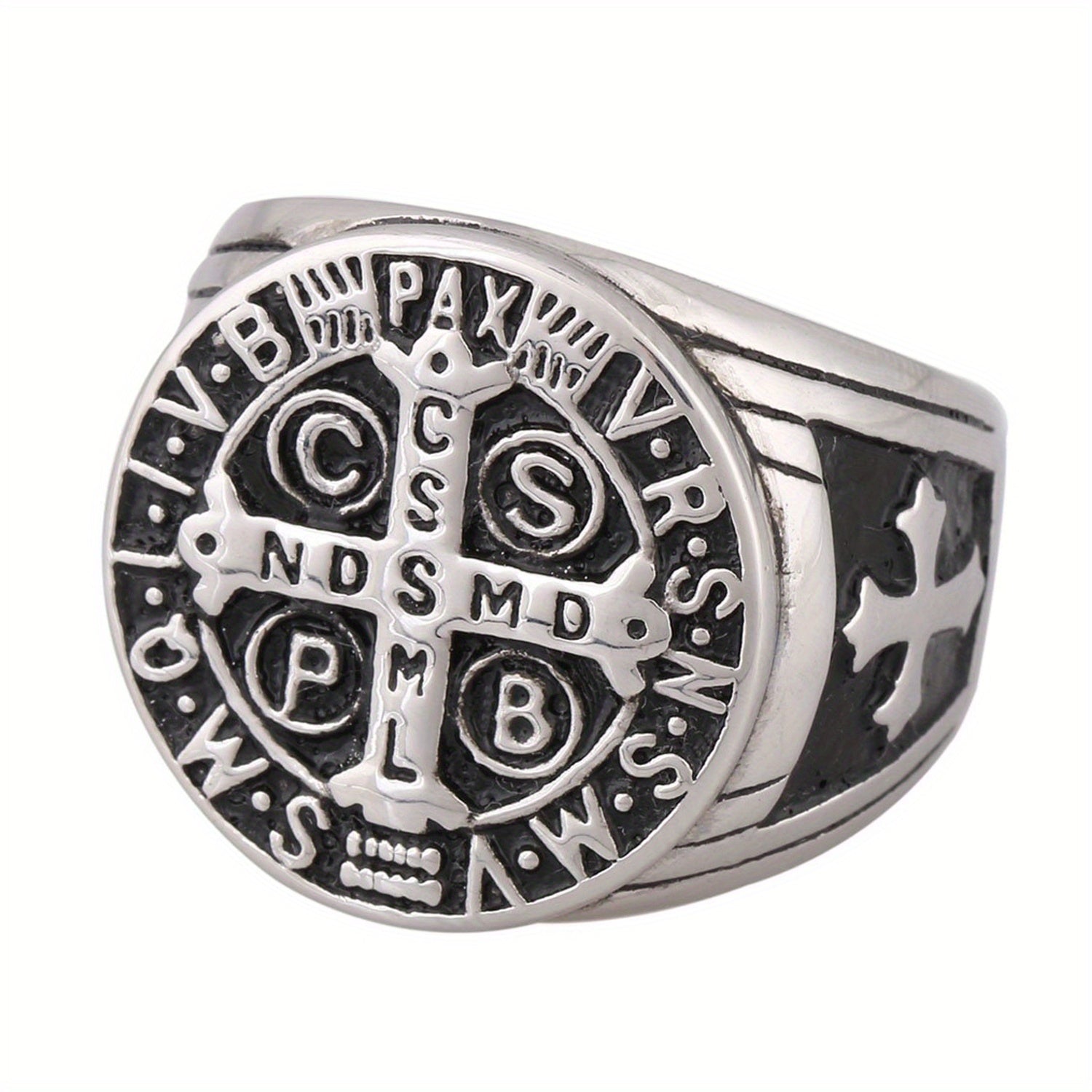 Bague pour Homme JewelryWe, Bague Vintage en Acier Inoxydable Saint Benoît Exorcisme Protection contre les Démons Chasseur CSBP