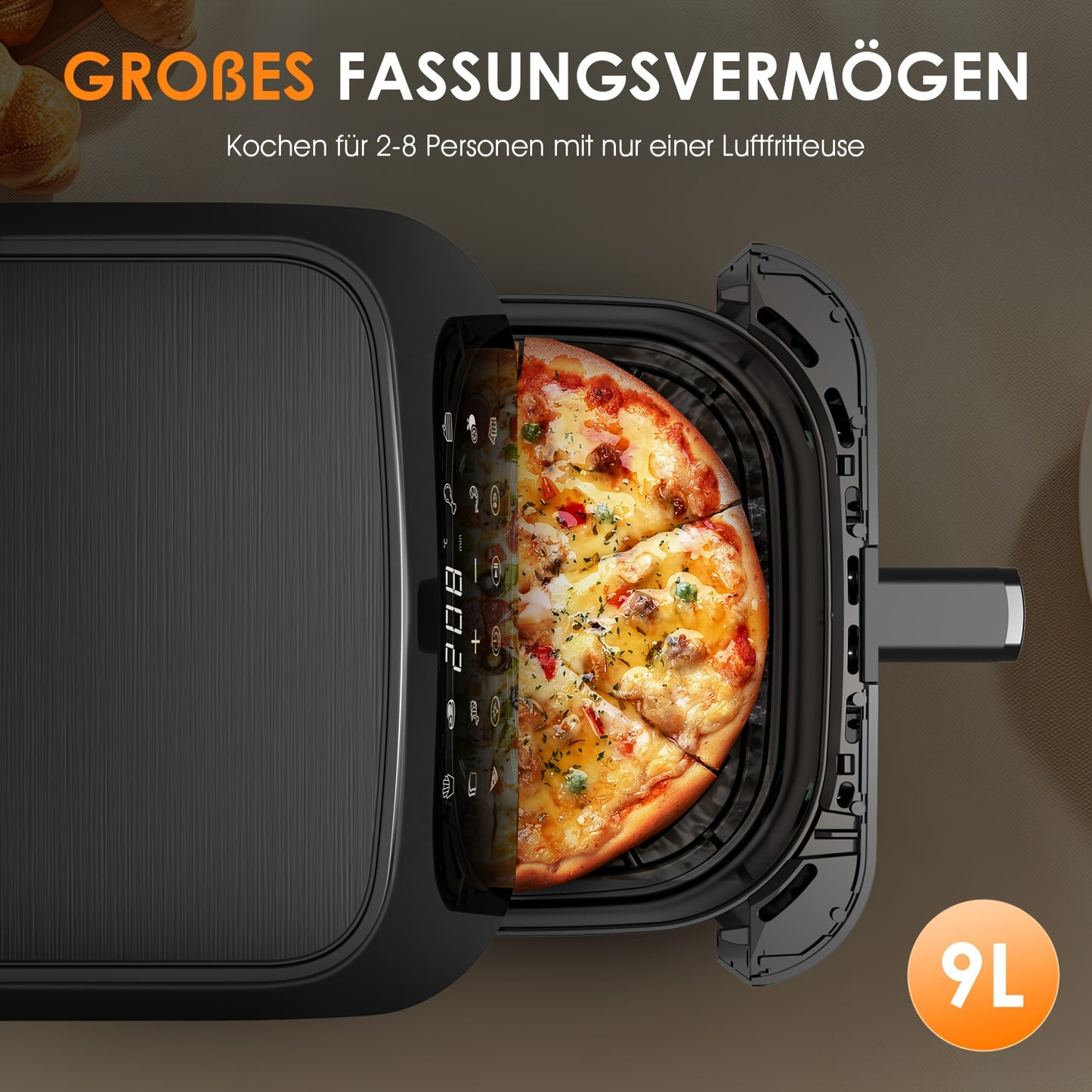 Friteuse à Air 9L avec Fenêtre Transparente - Friteuse Carrée 10-en-1 : Friture, Rôtissage, Réchauffage, Déshydratation, Cuisson, Cuisson à la Vapeur, Frites, Crème Anglaise, Poulet, Ailes, Fruits de Mer, Légumes