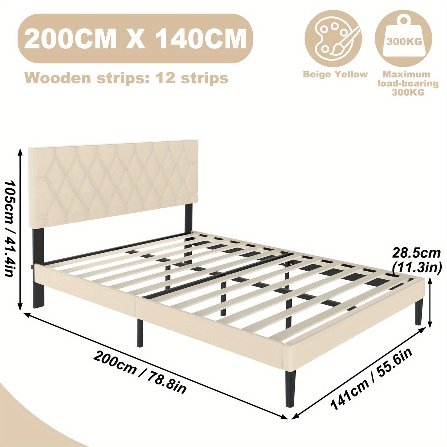Lit de 90/140/160 x 200 cm en Similicuir avec Tête de Lit et Plateforme, Cadre de Lit Matelassé Beige pour Chambre à Coucher