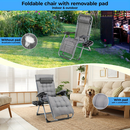 2 fauteuils d'extérieur, en tissu Teslin avec coussin de siège amovible, chaise de camping pliable, chaise de balcon, avec oreiller et porte-gobelet, capacité de poids 160 kg, gris/noir