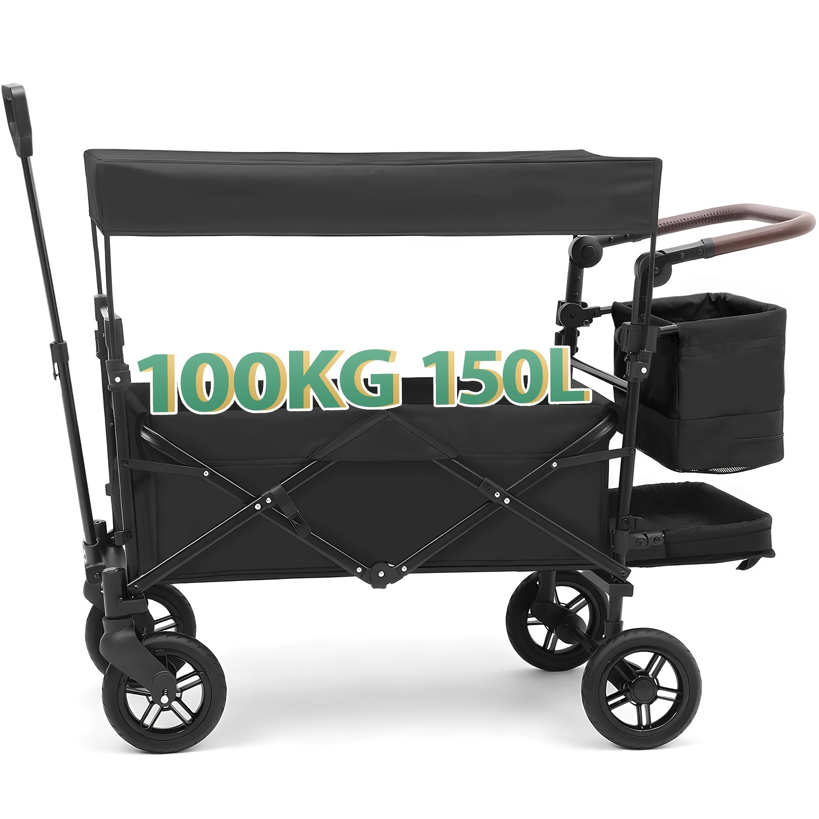 Chariot Pliant avec Toit Robuste 100 kg 150 L - Roues Freinées, Poignée Réglable, Tissu Nylon Oxford pour Camping Familial, Courses et Jardinage (Gris/Noir/Gris-Noir/Vert Foncé)