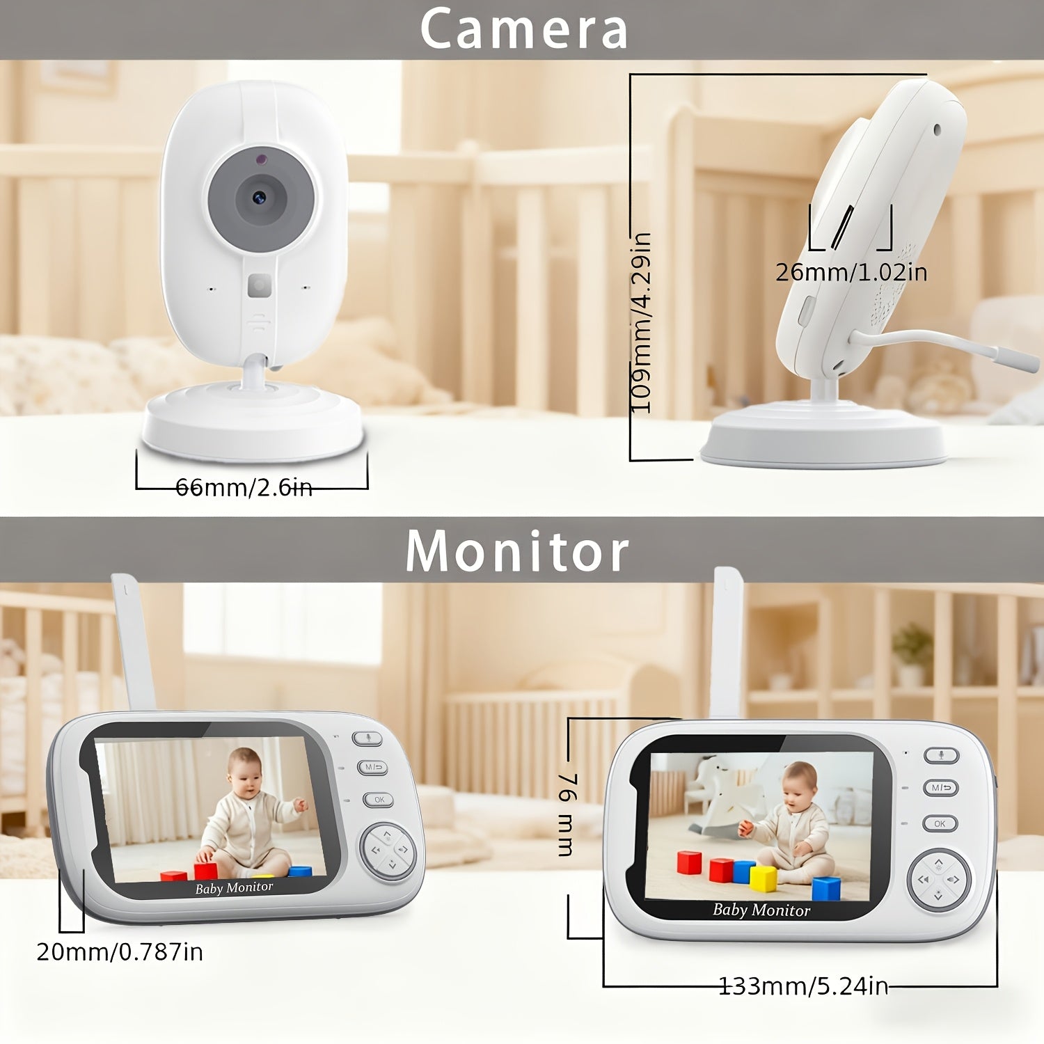 Moniteur sans fil 720HD avec écran LCD de 8,89 cm, moniteur HD avec audio bidirectionnel, 8 berceuses, rappel d'alimentation, détection de pleurs VOX, alerte de température, vision nocturne, sans fil 2,4G, rotation manuelle et enregistrement en boucle, pa