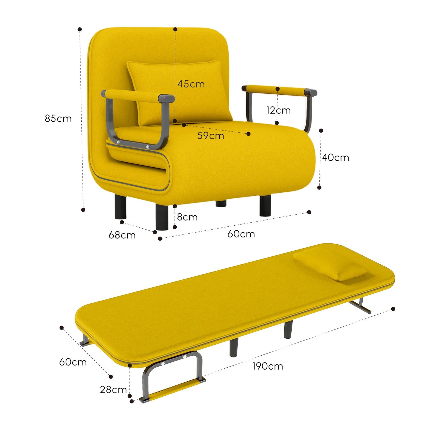 Canapé-lit convertible pliant 5-en-1, fauteuil de détente gigogne réglable peu encombrant avec tissu en lin, fauteuil moderne pour dortoir, studio et coin douillet, noir/fauve/vert olive/jaune citron