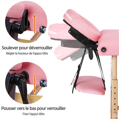 Costoffs Table de Massage Professionnelle 3 Sections Pliable - Hauteur Réglable (8 Niveaux) - Structure en Bois de Hêtre Rose Massif 250kg - Avec Dossier/Têtière/Repose-bras - Pour Clinique, Domicile, Salon de Beauté & Spa