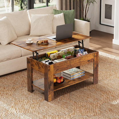 Table Basse Réglable en Hauteur avec Étagère, Table de Salon Rectangulaire avec Espace de Rangement Ouvert et Caché, Table de Salon pour Salon, Chambre à Coucher