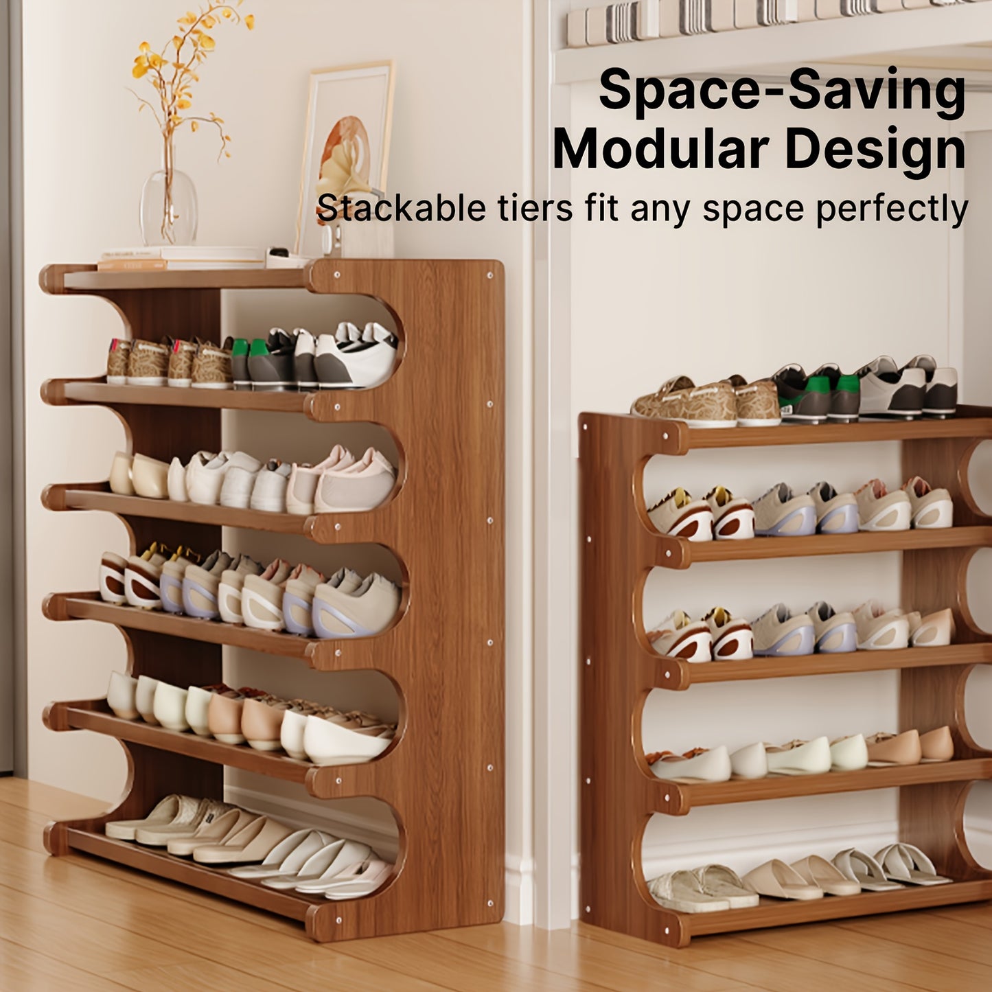 Un meuble à chaussures compact à 7 niveaux conçu pour les espaces d'angle dans les maisons, les résidences étudiantes ou les locations, maximisant l'efficacité du stockage. Ces armoires à chaussures s'intègrent bien dans divers types de pièces.