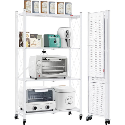 Étagère pliante à roulettes 4 niveaux avec cloisons en fer repliables, pour cuisine, rangement alimentaire, restaurant, bureau, noir, blanc