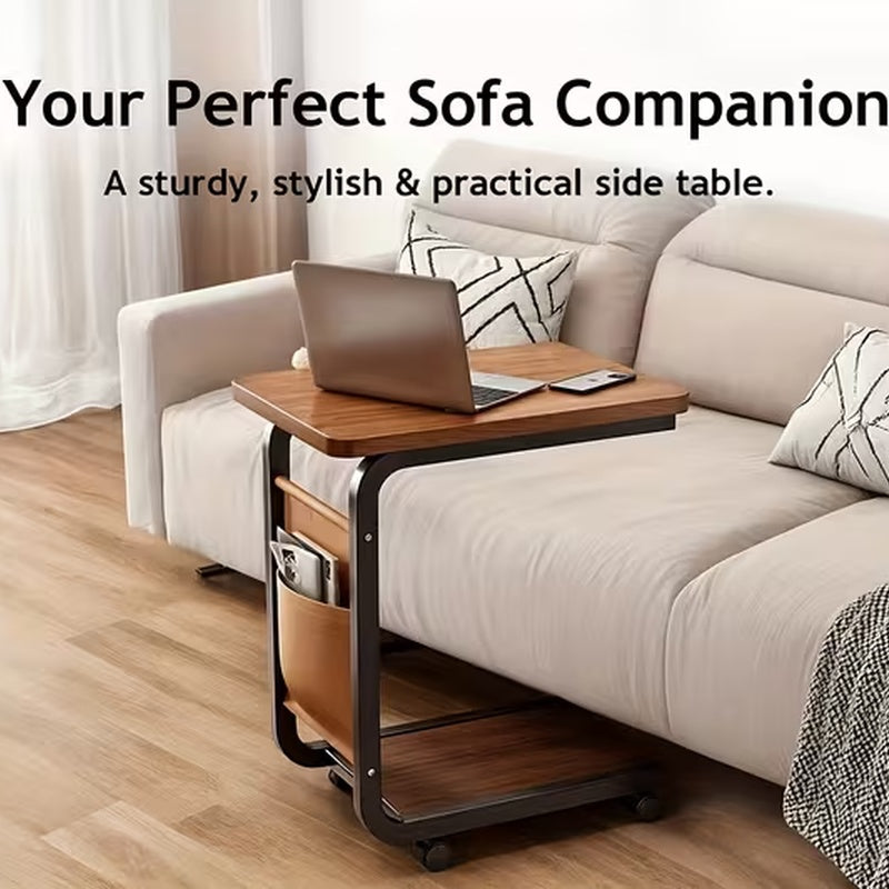 Table d'appoint roulante moderne en forme de C avec sac de rangement, roulettes silencieuses pivotantes à 360°, table d'appoint pour canapé et chevet, parfaite pour votre salon, camping-cars, chambres, maisons et bureaux