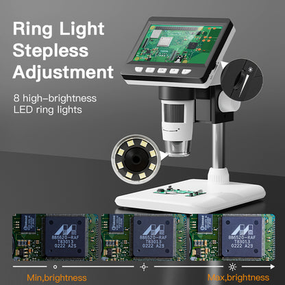 Microscope numérique HD professionnel avec grossissement 1200x et système 8-LED, USB/piles - Convient pour PC, compatible pour PC, pour réparation électronique, soudure, inspection de pièces de monnaie, microscope de laboratoire de joaillerie pour explora
