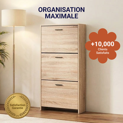 Meuble à chaussures avec 3 compartiments à abattant, armoire de rangement en bois pour jusqu'à 18 paires, organisateur d'entrée peu encombrant