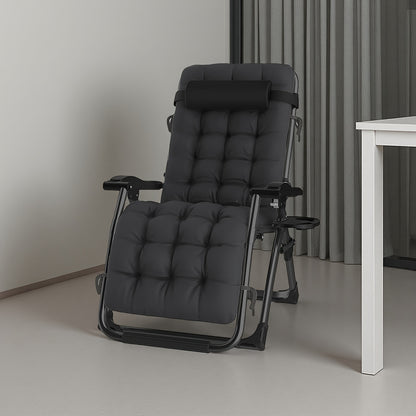 Chaise longue de détente zéro gravité surdimensionnée, 72 cm extra large, inclinable pliable et réglable, capacité de 500 lbs/200 kg, coussin détachable en coton doux avec appui-tête, porte-gobelet, noir gris, pour jardin, terrasse, balcon, patio extérieu