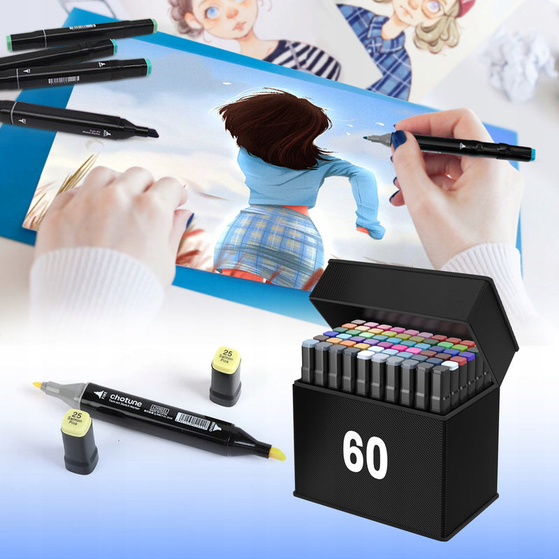 Lot de 60 marqueurs à double pointe à base d'alcool dans une trousse de transport pratique, parfaits pour les artistes, les graphistes et les passionnés de dessin et de manga. Équipés de deux pointes—fine et large—permettant un dessin précis et le remplis