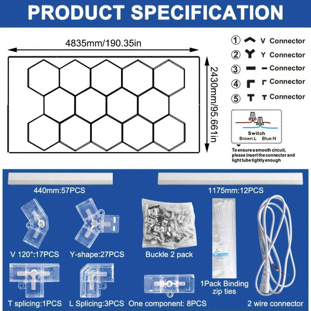 Hexagone Ultra Lumineux pour Lampes de Garage. Plafonnier LED Hexagonal 6500K. Système d'éclairage LED Hexagonal en Nid d'Abeille pour Garage, Atelier de Détail Automobile, Sous-Sol, Entrepôt, Bureau, Salon, Magasin de Pièces Automobiles. Lumières Décorat