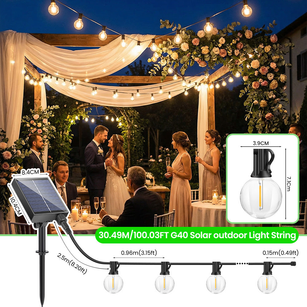 Guirlande Lumineuse Solaire LED G40 30M/20M/15M Blanc Chaud 8 Modes d'Éclairage Anti-chute et plus durable - Guirlandes Solaires d'Extérieur pour Jardin Cour Patio Décoration de Fête de Mariage Inclut des Ampoules de Rechange, Alimentation de Batterie à L