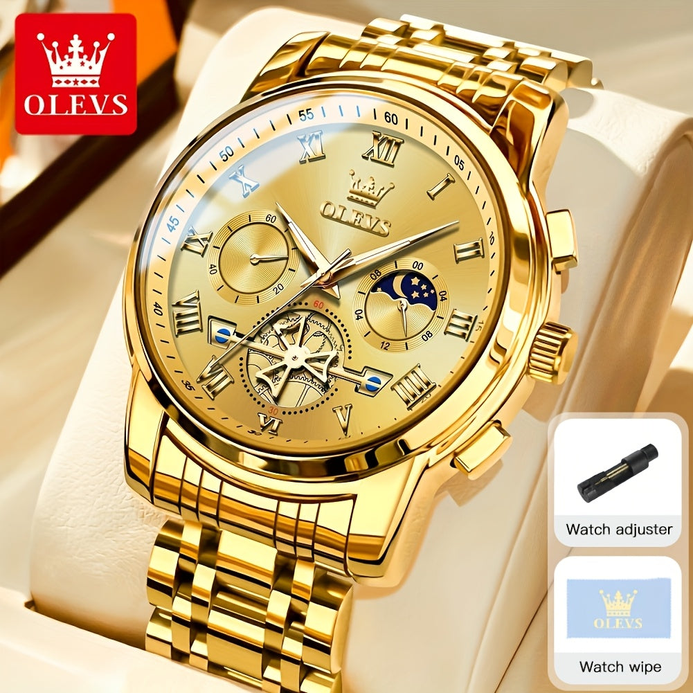 Montres pour Hommes OLEVS Montre à Quartz de Luxe avec Bracelet en Acier Inoxydable, Numéros Romains et Phases Lunaires Lumineuses, Classique Élégante, Cadeaux Romantiques de Noël, Relojes de Hombre Bleu/Noir/Blanche/Cadran Doré