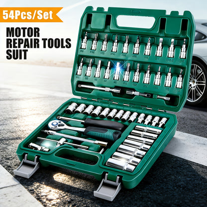 Collection Premium de 54 pièces d'outils mécaniques, comprenant des douilles standard de 1/2", 1/4" et 3/8", un jeu de clés à cliquet, une clé dynamométrique et des kits d'outils mécaniques adaptés aux réparations automobiles et aux tâches mécaniques dome