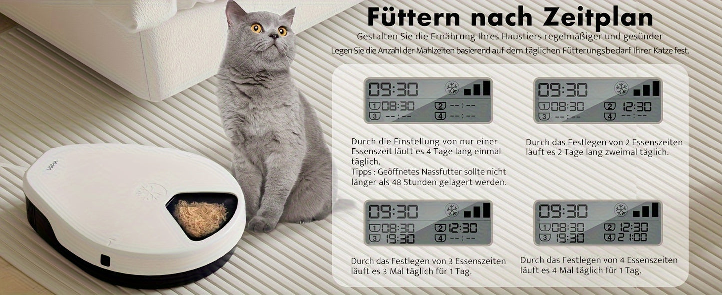 Distributeur automatique de nourriture humide pour chat avec refroidissement, technologie de réfrigération à semi-conducteur, fonction de minuterie, 5 compartiments pour 330 g de nourriture pour chaque animal, assiettes premium, lavable, pour chats et chi
