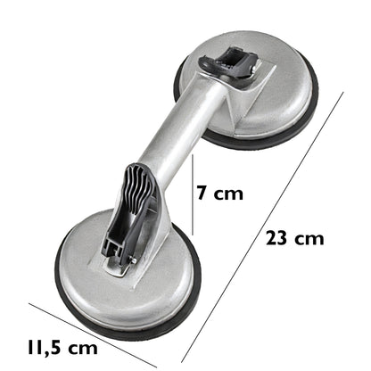 Double Ventouse pour Verre, Vitrage de Carrelage, Supports en Aluminium, Releveur Professionnel avec Levier Mécanique, Surface Antidérapante, Diamètre 2x11,5 cm, Capacité de Charge 60–100 kg, Corps Robuste en Aluminium, Poignée Ergonomique pour Transport