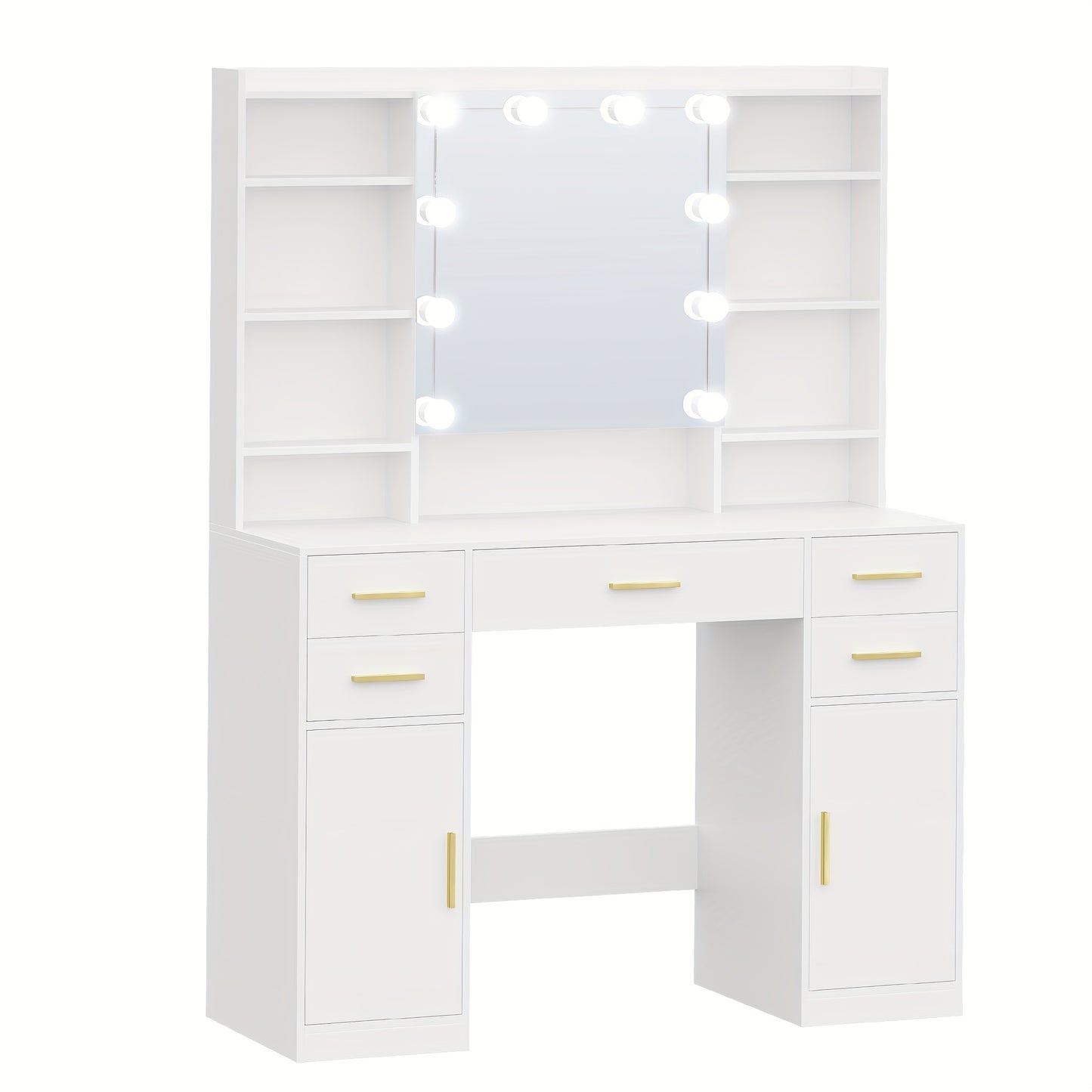 Table de Toilette avec Miroir, Équipée de 10 Lumières LED, Luminosité Réglable, 5 Tiroirs, 2 Meubles, et 9 Étagères Ouvertes, Incluant des Étagères Disposées, Convient pour une Chambre à Coucher, Mesurant 40 × 108 × 144 Cm, en Blanc